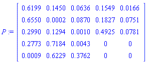 P := Matrix(5, 5, {(1, 1) = .6199, (1, 2) = .1450, (1, 3) = 0.636e-1, (1, 4) = .1549, (1, 5) = 0.166e-1, (2, 1) = .6550, (2, 2) = 0.2e-3, (2, 3) = 0.870e-1, (2, 4) = .1827, (2, 5) = 0.751e-1, (3, 1) = .2990, (3, 2) = .1294, (3, 3) = 0.10e-2, (3, 4) = .4925, (3, 5) = 0.781e-1, (4, 1) = .2773, (4, 2) = .7184, (4, 3) = 0.43e-2, (4, 4) = 0, (4, 5) = 0, (5, 1) = 0.9e-3, (5, 2) = .6229, (5, 3) = .3762, (5, 4) = 0, (5, 5) = 0})