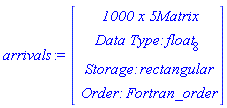 arrivals := Vector(4, {(1) = ` 1000 x 5 `*Matrix, (2) = `Data Type: `*float[8], (3) = `Storage: `*rectangular, (4) = `Order: `*Fortran_order})