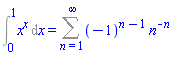 Int(x^x, x = 0 .. 1) = Sum((-1)^(n-1)*n^(-n), n = 1 .. infinity)