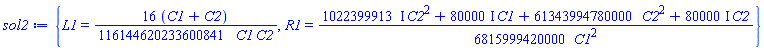 {L1 = (16/116144620233600841)*(C1+C2)/(C1*C2), R1 = (1/6815999420000)*((1022399913*I)*C2^2+(80000*I)*C1+61343994780000*C2^2+(80000*I)*C2)/C1^2}