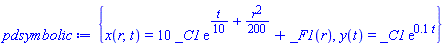 {x(r, t) = 10*_C1*exp((1/10)*t+(1/200)*r^2)+_F1(r), y(t) = _C1*exp(.1*t)}