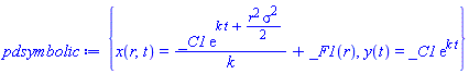 {x(r, t) = _C1*exp(k*t+(1/2)*r^2*sigma^2)/k+_F1(r), y(t) = _C1*exp(k*t)}