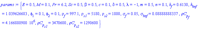 {E = .5, M = .1, Pr = 6.2, Sc = .5, beta = .5, c = .1, delta = .5, lambda = -1, m = .5, n = .1, k[f] = .6130, k[hnf] = 1.039626683, phi[1] = .1, phi[2] = .1, rho[f] = 997.1, rho[s1] = 5180, rho[s2] = 1800, sigma[f] = 0.5e-1, sigma[hnf] = 0.8888888337e-1, `&rho;C`[p][f] = 4166880.900, `&rho;C`[p][s1] = 3470600, `&rho;C`[p][s2] = 1290600}