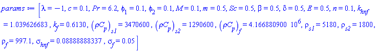 [lambda = -1, c = .1, Pr = 6.2, phi[1] = .1, phi[2] = .1, M = .1, m = .5, Sc = .5, beta = .5, delta = .5, E = .5, n = .1, k[hnf] = 1.039626683, k[f] = .6130, `&rho;C`[p][s1] = 3470600, `&rho;C`[p][s2] = 1290600, `&rho;C`[p][f] = 4166880.900, rho[s1] = 5180, rho[s2] = 1800, rho[f] = 997.1, sigma[hnf] = 0.8888888337e-1, sigma[f] = 0.5e-1]