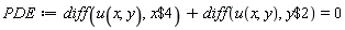 PDE := diff(u(x, y), `$`(x, 4))+diff(u(x, y), `$`(y, 2)) = 0
