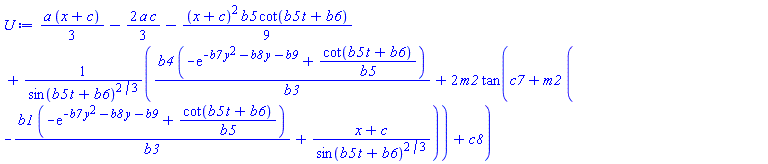 (1/3)*a*(x+c)-(2/3)*a*c-(1/9)*(x+c)^2*b5*cot(b5*t+b6)+(b4*(-exp(-b7*y^2-b8*y-b9)+cot(b5*t+b6)/b5)/b3+2*m2*tan(c7+m2*(-b1*(-exp(-b7*y^2-b8*y-b9)+cot(b5*t+b6)/b5)/b3+(x+c)/sin(b5*t+b6)^(2/3)))+c8)/sin(b5*t+b6)^(2/3)