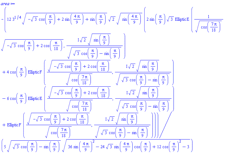 -(12/5)*3^(1/4)*(-3^(1/2)*cos((1/9)*Pi)+2*sin((4/9)*Pi)+sin((1/9)*Pi))^(1/2)*2^(1/2)*sin((4/9)*Pi)^(1/2)*(2*sin((1/9)*Pi)*3^(1/2)*EllipticE((-3^(1/2)*cos((1/9)*Pi)+2*cos((1/18)*Pi))^(1/2)/cos((7/18)*Pi)^(1/2), I*2^(1/2)*sin((1/9)*Pi)^(1/2)/(3^(1/2)*cos((1/9)*Pi)-sin((1/9)*Pi))^(1/2))+4*cos((1/9)*Pi)*EllipticF((-3^(1/2)*cos((1/9)*Pi)+2*cos((1/18)*Pi))^(1/2)/cos((7/18)*Pi)^(1/2), I*2^(1/2)*sin((1/9)*Pi)^(1/2)/(3^(1/2)*cos((1/9)*Pi)-sin((1/9)*Pi))^(1/2))-6*cos((1/9)*Pi)*EllipticE((-3^(1/2)*cos((1/9)*Pi)+2*cos((1/18)*Pi))^(1/2)/cos((7/18)*Pi)^(1/2), I*2^(1/2)*sin((1/9)*Pi)^(1/2)/(3^(1/2)*cos((1/9)*Pi)-sin((1/9)*Pi))^(1/2))+EllipticF((-3^(1/2)*cos((1/9)*Pi)+2*cos((1/18)*Pi))^(1/2)/cos((7/18)*Pi)^(1/2), I*2^(1/2)*sin((1/9)*Pi)^(1/2)/(3^(1/2)*cos((1/9)*Pi)-sin((1/9)*Pi))^(1/2)))/((3^(1/2)*cos((1/9)*Pi)-sin((1/9)*Pi))^(1/2)*(36*sin((4/9)*Pi)^2-24*3^(1/2)*sin((4/9)*Pi)*cos((1/9)*Pi)+12*cos((1/9)*Pi)^2-3)^(1/2))