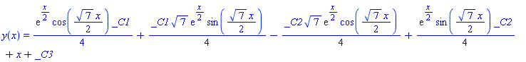 y(x) = (1/4)*exp((1/2)*x)*cos((1/2)*7^(1/2)*x)*_C1+(1/4)*_C1*7^(1/2)*exp((1/2)*x)*sin((1/2)*7^(1/2)*x)-(1/4)*_C2*7^(1/2)*exp((1/2)*x)*cos((1/2)*7^(1/2)*x)+(1/4)*exp((1/2)*x)*sin((1/2)*7^(1/2)*x)*_C2+x+_C3