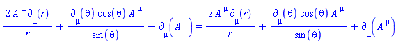 2*A[`~mu`](X)*Physics:-d_[mu](r, [X])/r+Physics:-d_[mu](theta, [X])*cos(theta)*A[`~mu`](X)/sin(theta)+Physics:-d_[mu](A[`~mu`](X), [X]) = 2*A[`~mu`](X)*Physics:-d_[mu](r, [X])/r+Physics:-d_[mu](theta, [X])*cos(theta)*A[`~mu`](X)/sin(theta)+Physics:-d_[mu](A[`~mu`](X), [X])