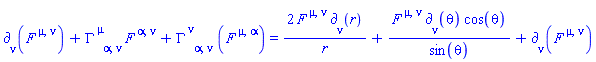 Physics:-d_[nu](F[`~mu`, `~nu`](X), [X])+Physics:-Christoffel[`~mu`, alpha, nu]*F[`~alpha`, `~nu`](X)+Physics:-Christoffel[`~nu`, alpha, nu]*F[`~mu`, `~alpha`](X) = 2*F[`~mu`, `~nu`](X)*Physics:-d_[nu](r, [X])/r+F[`~mu`, `~nu`](X)*Physics:-d_[nu](theta, [X])*cos(theta)/sin(theta)+Physics:-d_[nu](F[`~mu`, `~nu`](X), [X])