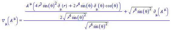 Physics:-D_[mu](A[`~mu`](X), [X]) = ((1/2)*A[`~mu`](X)*(4*r^3*sin(theta)^2*Physics:-d_[mu](r, [X])+2*r^4*sin(theta)*Physics:-d_[mu](theta, [X])*cos(theta))/(r^4*sin(theta)^2)^(1/2)+(r^4*sin(theta)^2)^(1/2)*Physics:-d_[mu](A[`~mu`](X), [X]))/(r^4*sin(theta)^2)^(1/2)