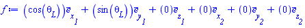 Vector(6, {(1) = cos(`#msub(mi("&theta;",fontstyle = "normal"),mi("L"))`), (2) = sin(`#msub(mi("&theta;",fontstyle = "normal"),mi("L"))`), (3) = 0, (4) = 0, (5) = 0, (6) = 0})
