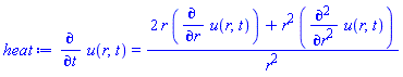 diff(u(r, t), t) = (2*r*(diff(u(r, t), r))+r^2*(diff(diff(u(r, t), r), r)))/r^2
