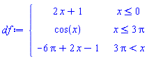 df := piecewise(x <= 0, 2*x+1, x <= 3*Pi, cos(x), 3*Pi < x, -6*Pi+2*x-1)