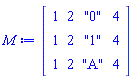 Matrix(3, 4, {(1, 1) = 1, (1, 2) = 2, (1, 3) = "0", (1, 4) = 4, (2, 1) = 1, (2, 2) = 2, (2, 3) = "1", (2, 4) = 4, (3, 1) = 1, (3, 2) = 2, (3, 3) = "A", (3, 4) = 4})
