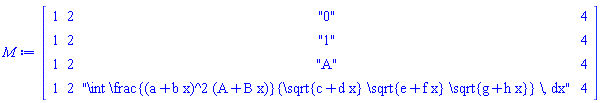 Matrix(4, 4, {(1, 1) = 1, (1, 2) = 2, (1, 3) = "0", (1, 4) = 4, (2, 1) = 1, (2, 2) = 2, (2, 3) = "1", (2, 4) = 4, (3, 1) = 1, (3, 2) = 2, (3, 3) = "A", (3, 4) = 4, (4, 1) = 1, (4, 2) = 2, (4, 3) = "\int \frac{(a+b x)^2 (A+B x)}{\sqrt{c+d x} \sqrt{e+f x} \sqrt{g+h x}} \, dx", (4, 4) = 4})