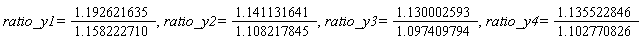 ratio_y1 = 1.192621635/(1.158222710), ratio_y2 = 1.141131641/(1.108217845), ratio_y3 = 1.130002593/(1.097409794), ratio_y4 = 1.135522846/(1.102770826)