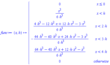 func := proc (x, h) options operator, arrow; piecewise(x <= 0, 0, x < h, (1/6)*x^3/h^3, x < 2*h, (1/6)*(4*h^3-12*h^2*x+12*h*x^2-3*x^3)/h^3, x < 3*h, -(1/6)*(44*h^3-60*h^2*x+24*h*x^2-3*x^3)/h^3, x < 4*h, (1/6)*(64*h^3-48*h^2*x+12*h*x^2-x^3)/h^3, 0) end proc