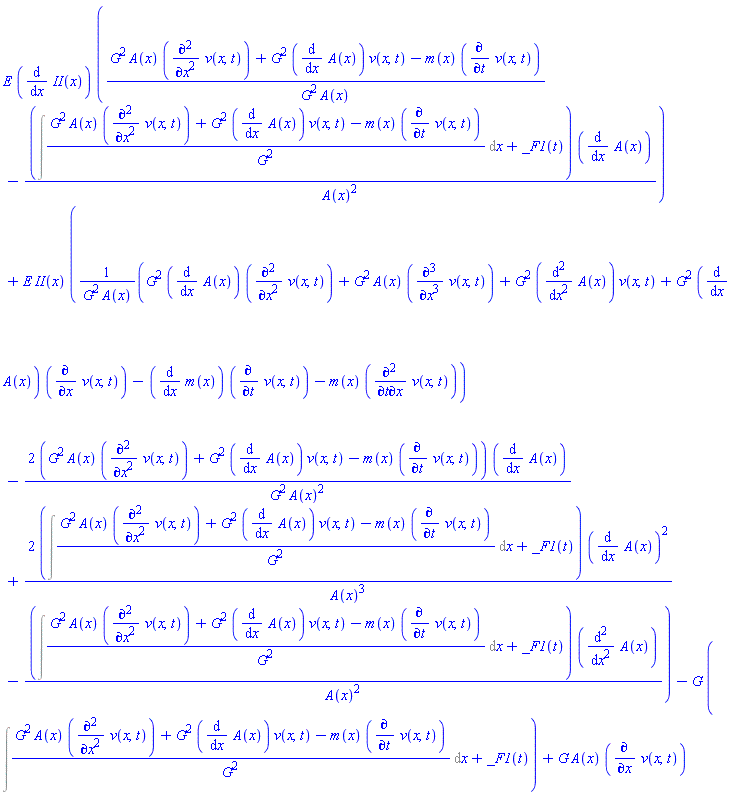 E*(diff(II(x), x))*((G^2*A(x)*(diff(diff(v(x, t), x), x))+G^2*(diff(A(x), x))*v(x, t)-m(x)*(diff(v(x, t), t)))/(G^2*A(x))-(Int((G^2*A(x)*(diff(diff(v(x, t), x), x))+G^2*(diff(A(x), x))*v(x, t)-m(x)*(diff(v(x, t), t)))/G^2, x)+_F1(t))*(diff(A(x), x))/A(x)^2)+E*II(x)*((G^2*(diff(A(x), x))*(diff(diff(v(x, t), x), x))+G^2*A(x)*(diff(diff(diff(v(x, t), x), x), x))+G^2*(diff(diff(A(x), x), x))*v(x, t)+G^2*(diff(A(x), x))*(diff(v(x, t), x))-(diff(m(x), x))*(diff(v(x, t), t))-m(x)*(diff(diff(v(x, t), t), x)))/(G^2*A(x))-2*(G^2*A(x)*(diff(diff(v(x, t), x), x))+G^2*(diff(A(x), x))*v(x, t)-m(x)*(diff(v(x, t), t)))*(diff(A(x), x))/(G^2*A(x)^2)+2*(Int((G^2*A(x)*(diff(diff(v(x, t), x), x))+G^2*(diff(A(x), x))*v(x, t)-m(x)*(diff(v(x, t), t)))/G^2, x)+_F1(t))*(diff(A(x), x))^2/A(x)^3-(Int((G^2*A(x)*(diff(diff(v(x, t), x), x))+G^2*(diff(A(x), x))*v(x, t)-m(x)*(diff(v(x, t), t)))/G^2, x)+_F1(t))*(diff(diff(A(x), x), x))/A(x)^2)-G*(Int((G^2*A(x)*(diff(diff(v(x, t), x), x))+G^2*(diff(A(x), x))*v(x, t)-m(x)*(diff(v(x, t), t)))/G^2, x)+_F1(t))+G*A(x)*(diff(v(x, t), x))