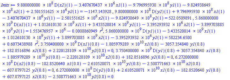 980000000.0*(D(x2))(1)-3407670.437*x1(1)-979699593.0*y1(1)-982493864.9*x2(1)+2501551.625*y2(1) = -1147.143928, 980000000.0*(D(y2))(1)+979699593.0*x1(1)-3407670.437*y1(1)-2501551.625*x2(1)-982493864.9*y2(1) = 522.0509891, 5860000000.*(D(x1))(1)+1012610130.*x1(1)+3433520814.*y1(1)-3395293.932*x2(1)-3899703885.*y2(1) = 1553476.957-0.8860949e-3*r^2, 5860000000.*(D(y1))(1)-3433520814.*x1(1)+1012610130.*y1(1)+3899703885.*x2(1)-3395293.932*y2(1) = 582234.6500+.6073438988*r^2, 3750400000.*(D(x1))(.8)-0.1805979289e11*x1(.8)-3057.354840*y1(.8)+182.8516896*x2(.8)+0.2220128109e11*y2(.8) = 0, 3750400000.*(D(y1))(.8)+3057.354840*x1(.8)-0.1805979289e11*y1(.8)-0.2220128109e11*x2(.8)+182.8516896*y2(.8) = 0, 627200000.0*(D(x2))(.8)-182.8520640*x1(.8)-0.2610528071e11*y1(.8)-0.2508771663e11*x2(.8)-607.0797125*y2(.8) = 0, 627200000.0*(D(y2))(.8)+0.2610528071e11*x1(.8)-182.8520640*y1(.8)+607.0797125*x2(.8)-0.2508771663e11*y2(.8) = 0