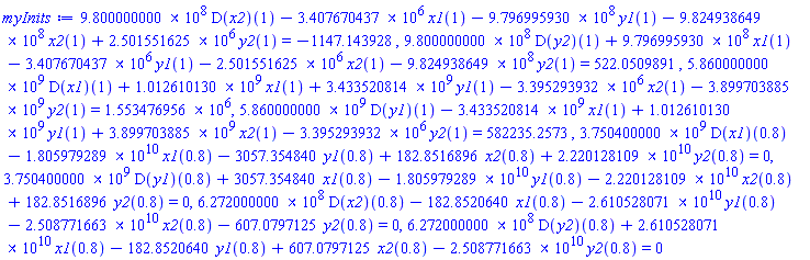 980000000.0*(D(x2))(1)-3407670.437*x1(1)-979699593.0*y1(1)-982493864.9*x2(1)+2501551.625*y2(1) = -1147.143928, 980000000.0*(D(y2))(1)+979699593.0*x1(1)-3407670.437*y1(1)-2501551.625*x2(1)-982493864.9*y2(1) = 522.0509891, 5860000000.*(D(x1))(1)+1012610130.*x1(1)+3433520814.*y1(1)-3395293.932*x2(1)-3899703885.*y2(1) = 1553476.956, 5860000000.*(D(y1))(1)-3433520814.*x1(1)+1012610130.*y1(1)+3899703885.*x2(1)-3395293.932*y2(1) = 582235.2573, 3750400000.*(D(x1))(.8)-0.1805979289e11*x1(.8)-3057.354840*y1(.8)+182.8516896*x2(.8)+0.2220128109e11*y2(.8) = 0, 3750400000.*(D(y1))(.8)+3057.354840*x1(.8)-0.1805979289e11*y1(.8)-0.2220128109e11*x2(.8)+182.8516896*y2(.8) = 0, 627200000.0*(D(x2))(.8)-182.8520640*x1(.8)-0.2610528071e11*y1(.8)-0.2508771663e11*x2(.8)-607.0797125*y2(.8) = 0, 627200000.0*(D(y2))(.8)+0.2610528071e11*x1(.8)-182.8520640*y1(.8)+607.0797125*x2(.8)-0.2508771663e11*y2(.8) = 0