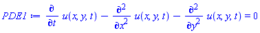 diff(u(x, y, t), t)-(diff(diff(u(x, y, t), x), x))-(diff(diff(u(x, y, t), y), y)) = 0