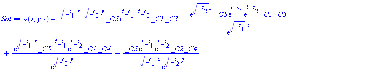 u(x, y, t) = exp(_c[1]^(1/2)*x)*exp(_c[2]^(1/2)*y)*_C5*exp(t*_c[1])*exp(t*_c[2])*_C1*_C3+exp(_c[2]^(1/2)*y)*_C5*exp(t*_c[1])*exp(t*_c[2])*_C2*_C3/exp(_c[1]^(1/2)*x)+exp(_c[1]^(1/2)*x)*_C5*exp(t*_c[1])*exp(t*_c[2])*_C1*_C4/exp(_c[2]^(1/2)*y)+_C5*exp(t*_c[1])*exp(t*_c[2])*_C2*_C4/(exp(_c[1]^(1/2)*x)*exp(_c[2]^(1/2)*y))