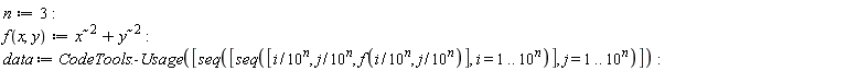 "n:=3: f(x,y):=x^(~2)+y^(~2): data := CodeTools:-Usage([seq([seq([i/10^(n), j/10^(n), f(i/10^(n), j/10^(n))], i = 1 .. 10^(n))], j = 1 .. 10^(n))]): "