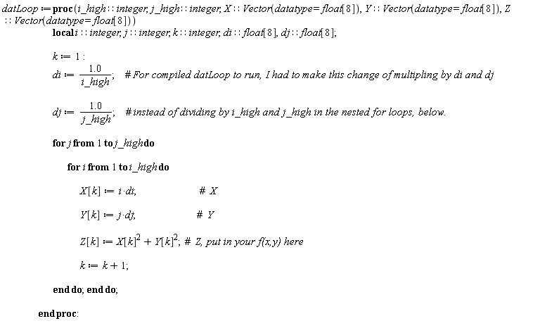datLoop := proc (i_high::integer, j_high::integer, X::(Vector(datatype = float[8])), Y::(Vector(datatype = float[8])), Z::(Vector(datatype = float[8]))) local i::integer, j::integer, k::integer, di::(float[8]), dj::(float[8]); k := 1; di := 1.0/i_high; dj := 1.0/j_high; for j to j_high do for i to i_high do X[k] := i*di; Y[k] := j*dj; Z[k] := X[k]^2+Y[k]^2; k := k+1 end do end do end proc