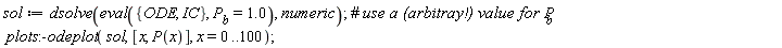 sol := dsolve(eval({IC, ODE}, P__b = 1.0), numeric); plots:-odeplot(sol, [x, P(x)], x = 0 .. 100)