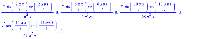 l^2*sin(2*Pi*x/l)*sin(2*a*Pi*t/l)/(Pi^2*a), 0, (1/9)*l^2*sin(6*Pi*x/l)*sin(6*a*Pi*t/l)/(Pi^2*a), 0, (1/25)*l^2*sin(10*Pi*x/l)*sin(10*a*Pi*t/l)/(Pi^2*a), 0, (1/49)*l^2*sin(14*Pi*x/l)*sin(14*a*Pi*t/l)/(Pi^2*a), 0