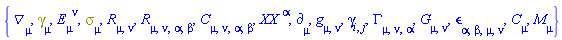 {Physics:-D_[mu], Physics:-Dgamma[mu], E[mu, `~nu`], Physics:-Psigma[mu], Physics:-Ricci[mu, nu], Physics:-Riemann[mu, nu, alpha, beta], Physics:-Weyl[mu, nu, alpha, beta], XX[`~alpha`], Physics:-d_[mu], Physics:-g_[mu, nu], Physics:-gamma_[i, j], Physics:-Christoffel[mu, nu, alpha], Physics:-Einstein[mu, nu], Physics:-LeviCivita[alpha, beta, mu, nu], Physics:-SpaceTimeVector[mu](C), Physics:-SpaceTimeVector[mu](M)}