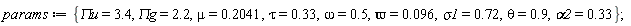 params := {`&Pi;g` = 2.2, `&Pi;u` = 3.4, alpha2 = .33, mu = .2041, omega = .5, sigma1 = .72, tau = .33, theta = .9, varpi = 0.96e-1};
