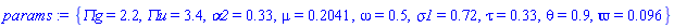 {`&Pi;g` = 2.2, `&Pi;u` = 3.4, alpha2 = .33, mu = .2041, omega = .5, sigma1 = .72, tau = .33, theta = .9, varpi = 0.96e-1}