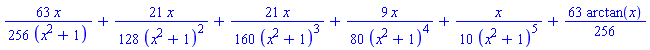 (63/256)*x/(x^2+1)+(21/128)*x/(x^2+1)^2+(21/160)*x/(x^2+1)^3+(9/80)*x/(x^2+1)^4+(1/10)*x/(x^2+1)^5+(63/256)*arctan(x)