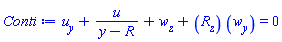 diff(u(y, z), y)+u(y, z)/(y-R(z))+diff(w(y, z), z)+(diff(R(z), z))*(diff(w(y, z), y)) = 0