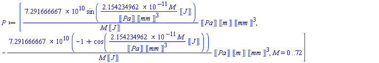 [0.7291666667e11*sin(0.2154234962e-10*M*Units:-Unit(J)/(Units:-Unit(Pa)*Units:-Unit(mm)^3))*Units:-Unit(Pa)*Units:-Unit(m)*Units:-Unit(mm)^3/(M*Units:-Unit(J)), -0.7291666667e11*(-1+cos(0.2154234962e-10*M*Units:-Unit(J)/(Units:-Unit(Pa)*Units:-Unit(mm)^3)))*Units:-Unit(Pa)*Units:-Unit(m)*Units:-Unit(mm)^3/(M*Units:-Unit(J)), M = 0 .. 72]