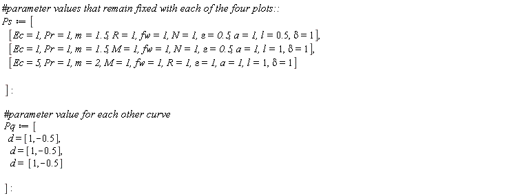 Ps := [[Ec = 1, Pr = 1, m = 1.5, R = 1, fw = 1, N = 1, epsilon = .5, a = 1, l = .5, delta = 1], [Ec = 1, Pr = 1, m = 1.5, M = 1, fw = 1, N = 1, epsilon = .5, a = 1, l = 1, delta = 1], [Ec = 5, Pr = 1, m = 2, M = 1, fw = 1, R = 1, epsilon = 1, a = 1, l = 1, delta = 1]]; Pq := [d = [1, -.5], d = [1, -.5], d = [1, -.5]]