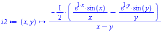 proc (x, y) options operator, arrow; -((1/2)*I)*(exp(I*x)*sin(x)/x-exp(I*y)*sin(y)/y)/(x-y) end proc