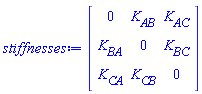 stiffnesses := Matrix(3, 3, {(1, 1) = 0, (1, 2) = `#msub(mi("K"),mi("AB"))`, (1, 3) = `#msub(mi("K"),mi("AC"))`, (2, 1) = `#msub(mi("K"),mi("BA"))`, (2, 2) = 0, (2, 3) = `#msub(mi("K"),mi("BC"))`, (3, 1) = `#msub(mi("K"),mi("CA"))`, (3, 2) = `#msub(mi("K"),mi("CB"))`, (3, 3) = 0})