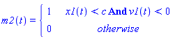 m2(t) = piecewise(And(x1(t) < c, v1(t) < 0), 1, 0)