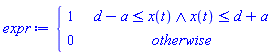 piecewise(And(d-a <= x(t), x(t) <= d+a), 1, 0)