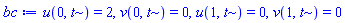 u(0, t) = 2, v(0, t) = 0, u(1, t) = 0, v(1, t) = 0