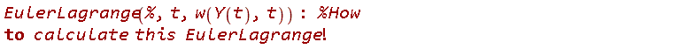 "EulerLagrange(`%`,t,w(Y(t),t)): `%How` to calculate this EulerLagrange!"
