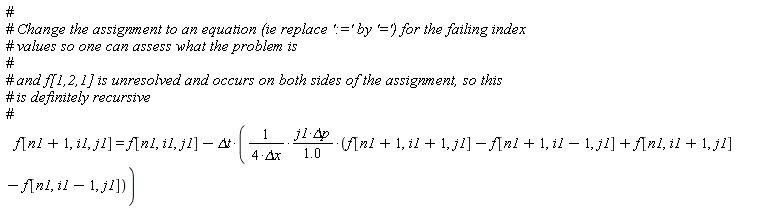 f[n1+1, i1, j1] = f[n1, i1, j1]-`&Delta;t`*j1*`&Delta;p`*(f[n1+1, i1+1, j1]-f[n1+1, i1-1, j1]+f[n1, i1+1, j1]-f[n1, i1-1, j1])/((4*`&Delta;x`)*(1.0))