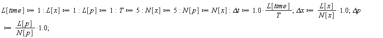 L[time] := 1; L[x] := 1; L[p] := 1; T := 5; N[x] := 5; N[p] := N[x]; `&Delta;t` := 1.0*L[time]/T; `&Delta;x` := 1.0*L[x]/N[x]; `&Delta;p` := 1.0*L[p]/N[p]