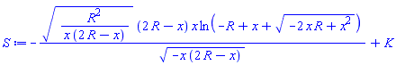 -(R^2/(x*(2*R-x)))^(1/2)*(2*R-x)*x*ln(-R+x+(-2*R*x+x^2)^(1/2))/(-x*(2*R-x))^(1/2)+K