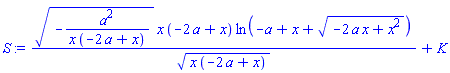 (-a^2/(x*(-2*a+x)))^(1/2)*x*(-2*a+x)*ln(-a+x+(-2*a*x+x^2)^(1/2))/(x*(-2*a+x))^(1/2)+K