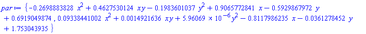{-.2698883828*x^2+.4627530124*x*y-.1983601037*y^2+.9065772841*x-.5929867972*y+.6919049874, 0.9338441002e-1*x^2+0.14921636e-2*x*y+0.596069e-5*y^2-.8117986235*x-0.361278452e-1*y+1.753043935}