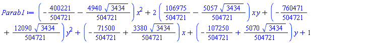 (-400221/504721-(4940/504721)*3434^(1/2))*x^2+2*(106975/504721-(5057/504721)*3434^(1/2))*x*y+(-760471/504721+(12090/504721)*3434^(1/2))*y^2+(-71500/504721+(3380/504721)*3434^(1/2))*x+(-107250/504721+(5070/504721)*3434^(1/2))*y+1